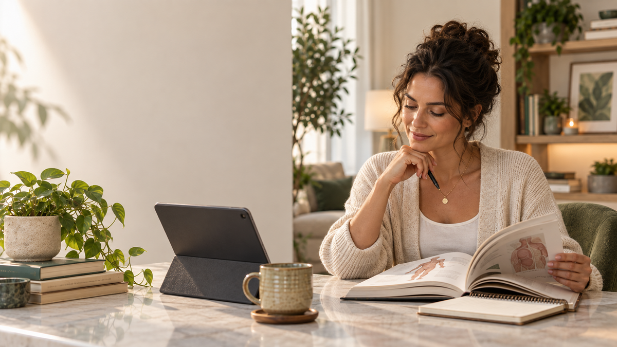 Woman reading wellness material at a table in a calm home setting