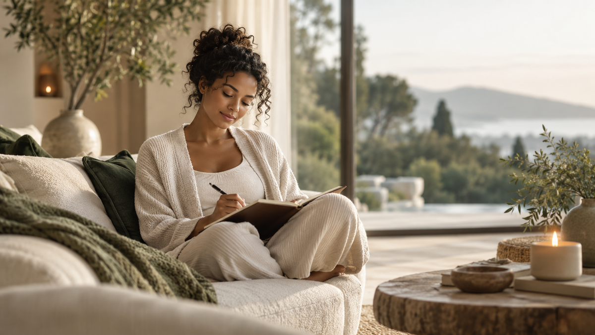Woman journaling quietly in a calm home wellness setting