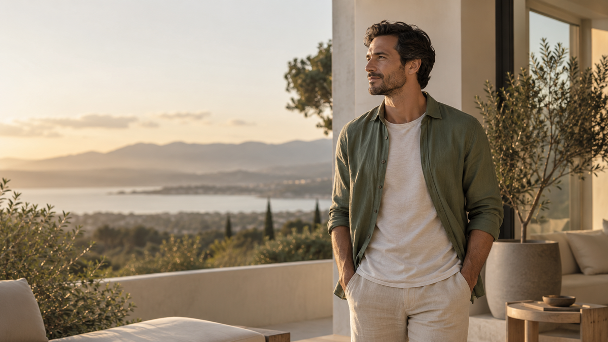 Man standing outdoors in warm natural light overlooking a peaceful landscape