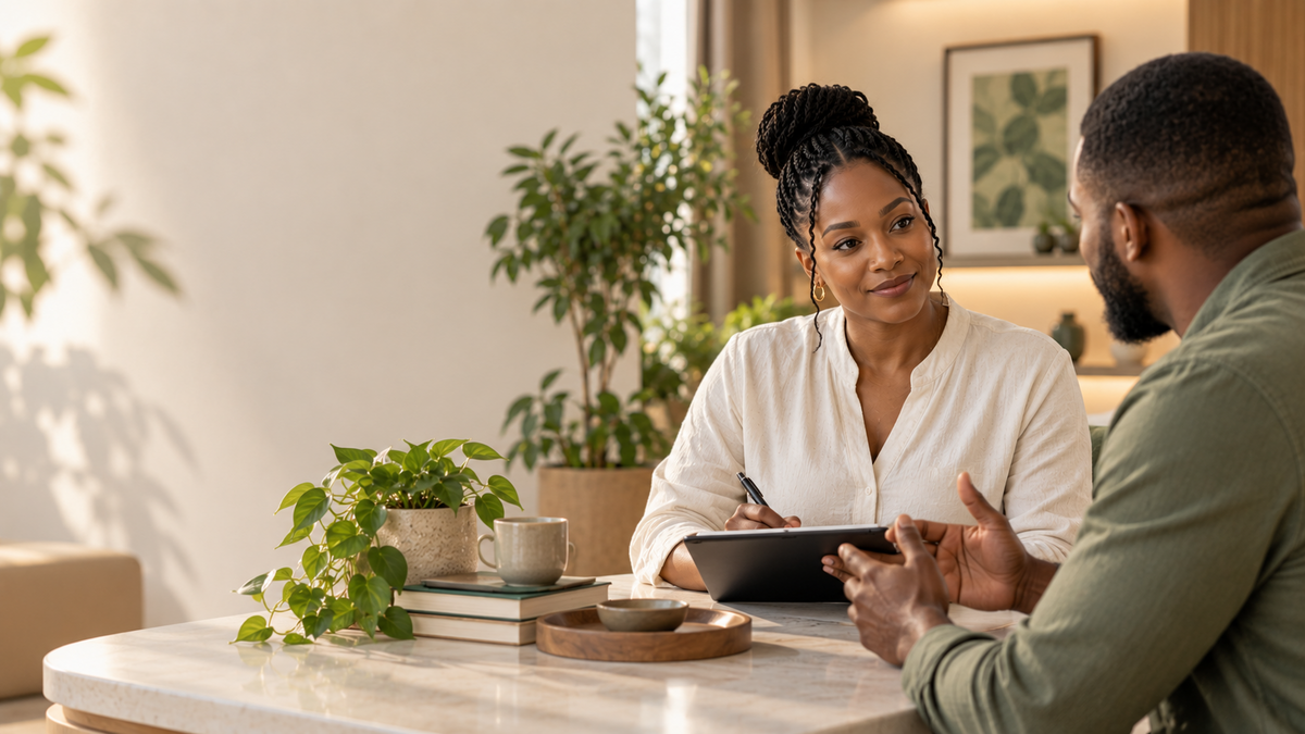 Wellness practitioner listening to a client during a calm consultation