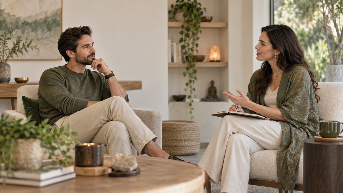 Wellness coach speaking with a client in a calm one-to-one session
