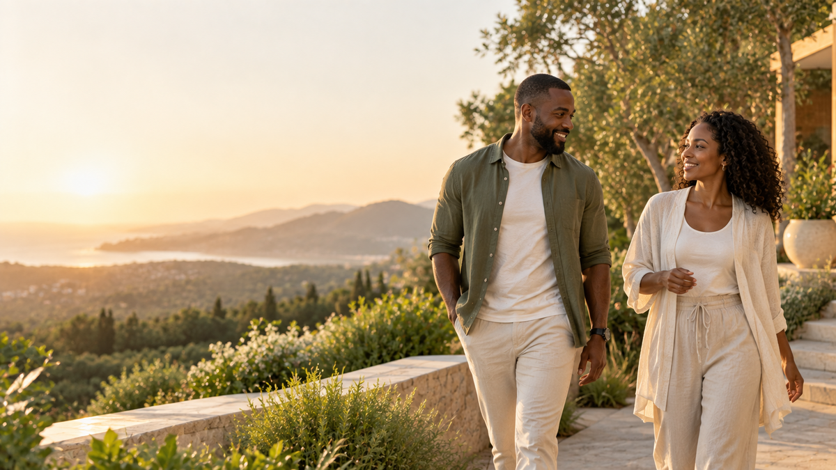 Couple walking outdoors in warm evening light, representing restorative wellbeing