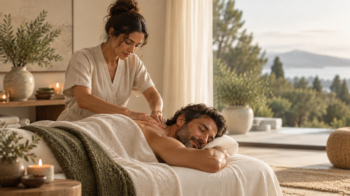 Client receiving calm therapeutic bodywork in a warm wellness setting